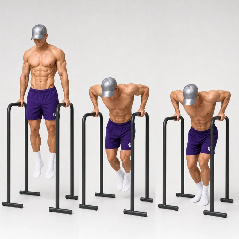 Negative parallel bar dip with controlled lowering toward elbow depth