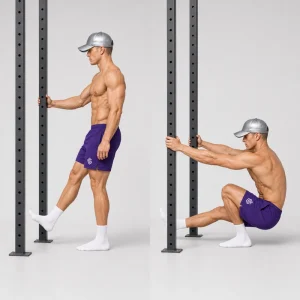 Hand-assisted pistol squat using one hand on a stable vertical pull-up-bar upright in the standing and bottom positions.