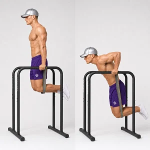 Band-assisted parallel bar dip with resistance band beneath the knees