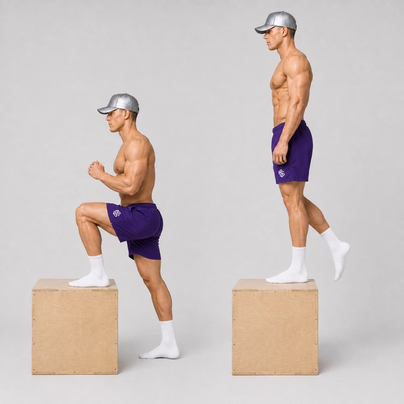 Kal demonstrating a box step-up from the starting position to full extension on a wooden plyometric box