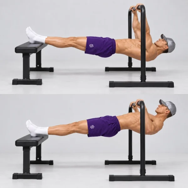 feet elevated bodyweight row on dip bars
