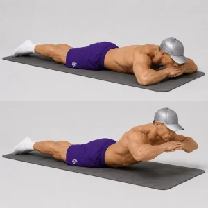 Kal performing a floor hyperextension with his legs grounded and chest lifted