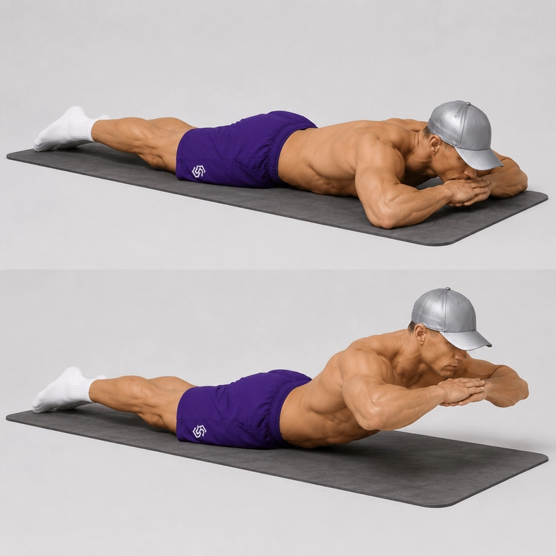 Kal performing a floor hyperextension with his legs grounded and chest lifted