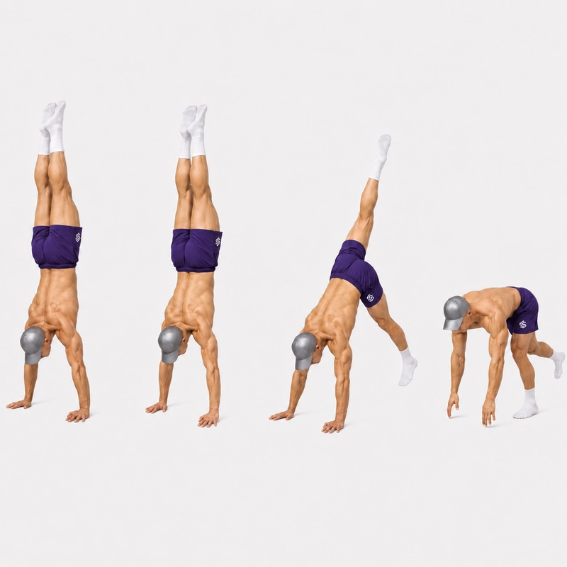Athlete kicking up into a freestanding handstand and returning under control