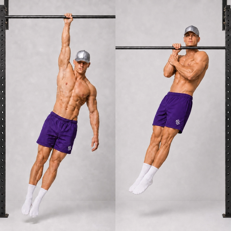 Kal performing a strict one-arm pull-up with an overhand grip