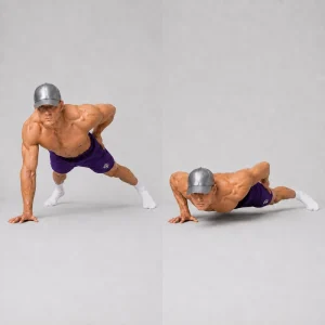 Kal demonstrating the start and bottom positions of a one arm push-up