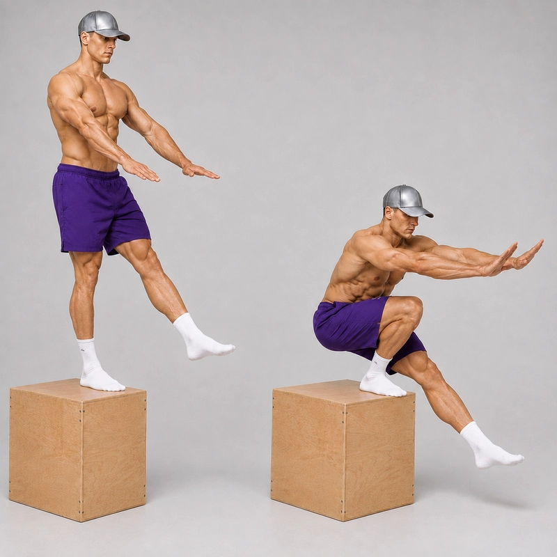 Kal performing a single-leg squat off a plyo box with the straight free leg hanging beside the box