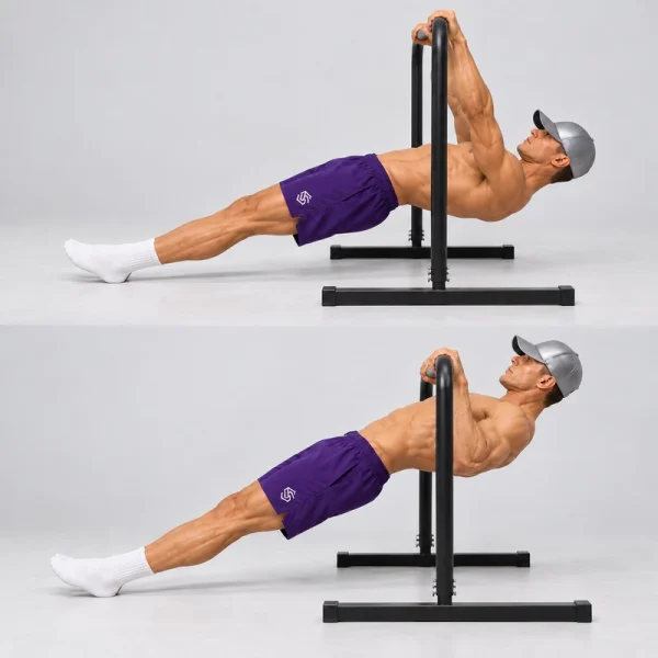 low bar bodyweight row on dip bar